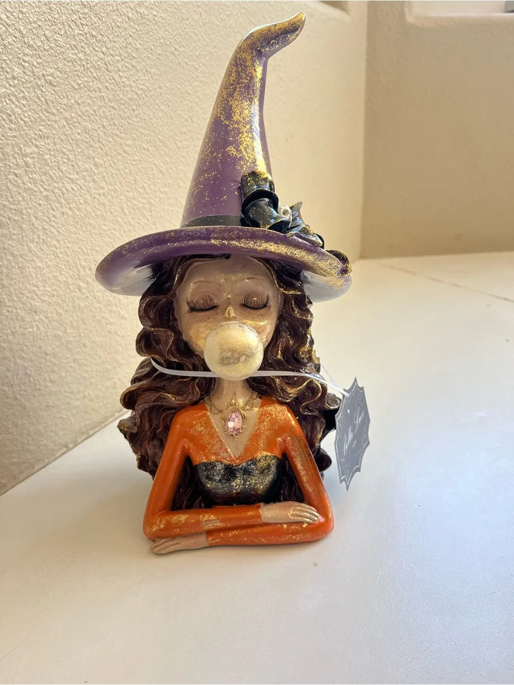 Bella Lux Halloween Witch Figurine Blowing a Bubble  - Purple Hat, Orange Dress